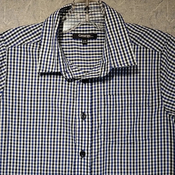 George Kids NWOT Blue/White/Black Plaid Long Sleeve Button Up Shirt Size L 10-12 - Picture 2 of 11